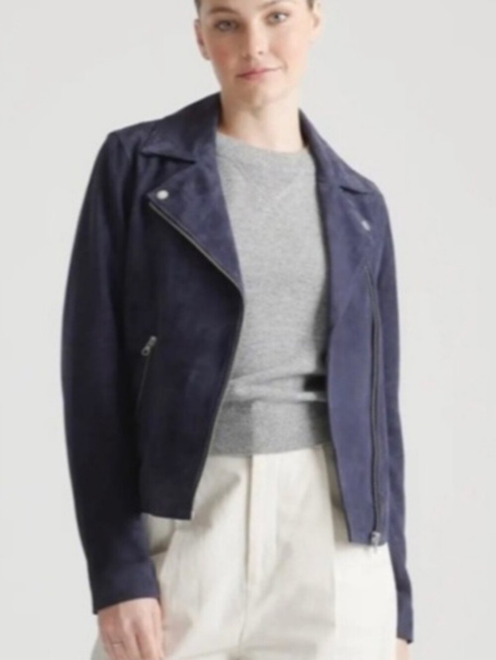 Quince 100% Suede Biker Jacket In Smoky Blue Size Medium